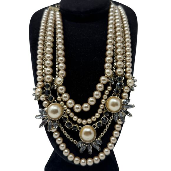 Ann Taylor Gold Multi-Strand Pearl Crystal Statement Necklace Layered - Picture 1 of 6